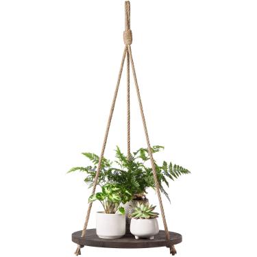 Imagem de Prateleira de pendurar para plantas Dahey com corda de madeira redonda e prateleira flutuante vintage para decoração de casa para sala de estar, quarto, cozinha, marrom escuro