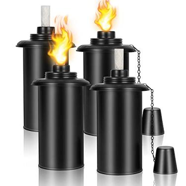 Imagem de Vasilhas de tocha para uso externo, recipiente de substituição de tocha de 473 ml, recipiente de recarga de tocha de bambu de combustível citronela com mechas e coberturas, tocha de metal de pátio