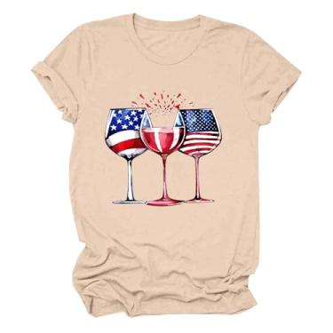 Imagem de Camisetas femininas 4Th of July manga curta bandeira americana patriótica 2024 verão engraçado taça de vinho blusa gráfica, Bege, M