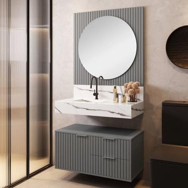 Imagem de Conjunto Para Banheiro Bancada Em Porcelanato Com Cuba Esculpida, Armário e Espelho Ripy 80cm Cinza