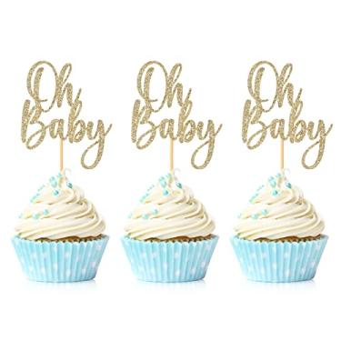 Imagem de 24 Pieces Oh Baby Cupcake Topper Light Gold Glitter Baby Shower Cake Decorations Boys Girls Birthday Party Supplies