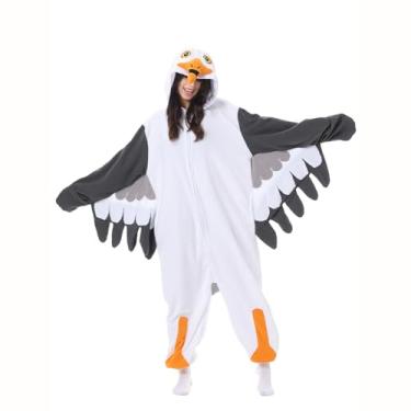 Imagem de Supodon Pijama unissex de fantasia de gaivota para adultos cosplay animal de pelúcia para casa macacão de Halloween para homens e mulheres, Cinza, G