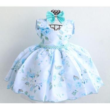 Imagem de Vestido Festa Infantil Floral Azul Cinto Perola Luxo E Tiara - Pingo D