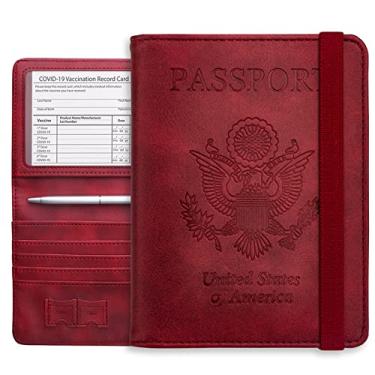 Imagem de WALNEW Conjunto de porta-passaporte e porta-cartão de vacina, carteira de viagem, bloqueio de RFID, capa de couro PU com compartimento protetor para cartão de vacina, Vermelho