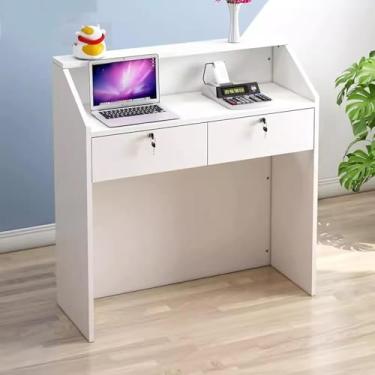 Imagem de Mesa de recepção com gaveta bloqueável, balcão de caixa, caixa registradora multifuncional, para salões de beleza, lojas de conveniência, lojas de roupas, branca, 80 × 36 × 91,5 cm