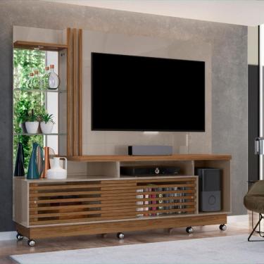 Imagem de Estante Home para TV até 60 Polegadas com LED Espelho e Prateleira de Vidro 2 Portas com Rodízios Frizz Plus Madetec