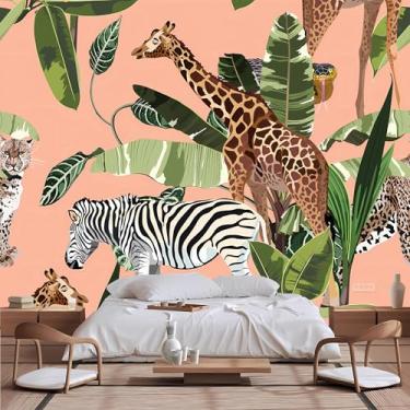 Imagem de Lcythiazole Mural de papel de parede de girafa de tamanho personalizável, mural de desenho animado de cobra de zebra e leopardo da floresta tropical para sala de estar e quarto infantil