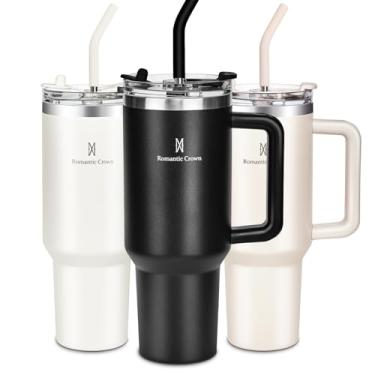 Imagem de Romantic Crown Copo Térmico com Canudo Tampa e Alça 1,18L, Cops Garrafas Termico para viagem vácuo dupla camada aço inoxidável, Caneca Termica Cafe Água Chá,Presente, Fitness (Preto)