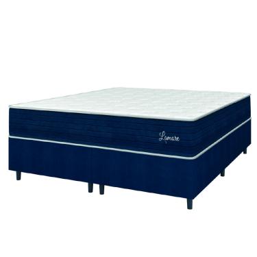 Imagem de Cama Box Casal Queen Colchão Molas Ensacadas Lamore 158x198x70cm Azul Veludo/Malha Branca hellen - Suporta até 110kg por Pessoa