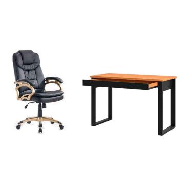 Imagem de Conjunto de Mesa Anah 1 gv Freijó com Cadeira de Escritório Presidente Giratória com Relax Clark Preta e Dourada