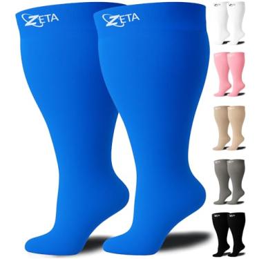 Imagem de Zeta Socks 3GG Plus Size compressão de panturrilha, calmante e confortável, suporte gradiente, evita inchaço, dor, edema, DVT, punhos grandes, estica até 66 cm, unissex, para voos (azul, 3GG)