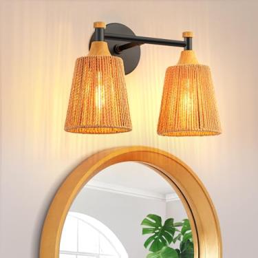 Imagem de FIYUEOYI Luminária De Banheiro Com 2 Luzes, Luminárias De Banheiro Estilo Boho Sobre Espelho, Luminárias De Vime Com Abajur Feito À Mão, Arandela De Parede Estilo Rústico Para Quarto E Sala De Esta