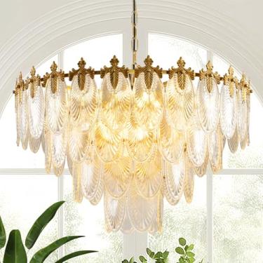 Imagem de KELUOLY Lustre De Cristal Grande Moderno, Lustre De Vidro Dourado Com 4 Camadas, Luminária Pendente De Teto Antiga Redonda Com 12 Luzes, Altura Ajustável De 31,5 Polegadas Para Hall De Entrada, Sal