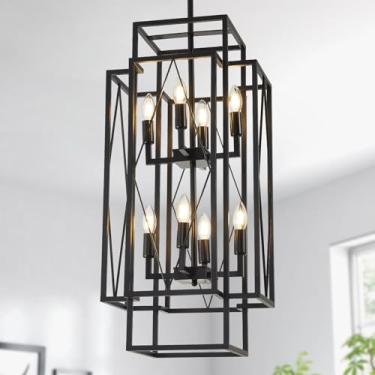 Imagem de UnicozoHome Lustre Preto De Fazenda De 31,5", Luminárias Pendentes Em Camadas Com 8 Luzes, Luminárias Rústicas Para Hall De Entrada Industrial, Lustres Grandes Para Escadaria E Tetos Altos, Lustres
