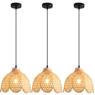 Imagem de Teru Ji Kaikang Pacote Com 3 Luminárias Pendentes Estilo Boho, Mini Luminária Pendente De Bambu, Abajur De Vime Trançado, Lustre De Vime Para Sala De Jantar, Sala De Estar, Quarto, Cozinha, Casa De