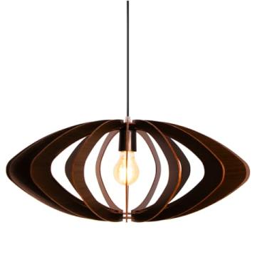 Imagem de Luminária Pendente Grande Redondo Aletado Madeira Rustico (CAFÉ)