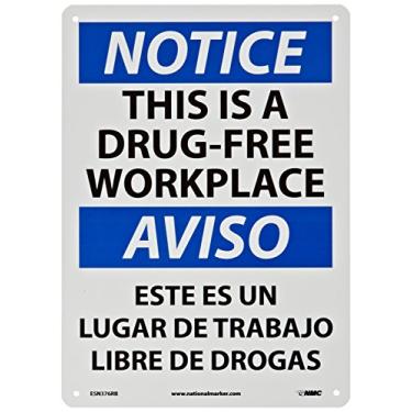 Imagem de NMC ESN376RB Placa bilíngue OSHA, Legend"Aviso - Este é um local de trabalho livre de drogas", 35,5 cm de comprimento x 25,4 cm de altura, plástico rígido, preto/azul sobre branco