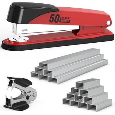 Imagem de Grampeador de metal resistente com capacidade para 50 folhas, sem atolamento, grampeadores de tira completa para mesa com 1750 grampos e removedor de grampos, grampeador de escritório antiderrapante com grampos para escritório e sala de aula, vermelho