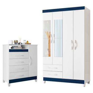 Imagem de Quarto Solteiro Completo Guarda Roupa Âmbar 4 portas com Espelho Cômod