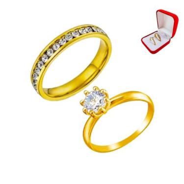 Imagem de Aliança Pedras Brancas Dourada 3mm Anatomica + Solitario Dourado 2mm N