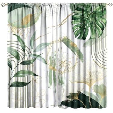 Imagem de Cortinas Boho minimalistas, modernas primavera verde barroco dourado arte abstrata óleo geometria linha folhas padrão tratamentos de janela, cortinas blackout com bolso para varão para sala de estar