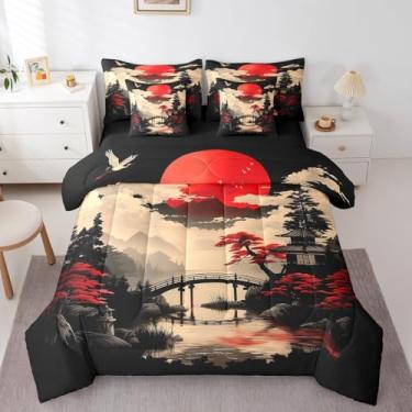 Imagem de Erosebridal Conjunto de cama vintage oriental queen 7 peças, conjunto de edredom guindaste estilo japonês para crianças e adultos, cama vermelha e preta em uma bolsa, conjunto de cama de paisagem