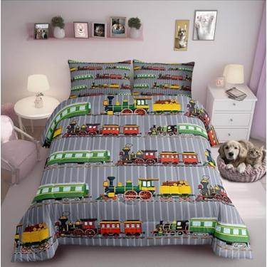 Imagem de Conjunto de edredom infantil tamanho Queen, desenho retrô com motor a vapor, decoração de quarto de crianças, adolescentes, desenho animado colorido, para amantes de carros, conjunto de colcha com 3