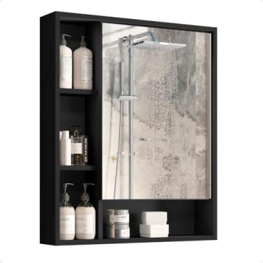 Imagem de Armário de Banheiro com Espelho Espelheira de Parede Multiuso em MDP/MDF, Design Moderno, com Prateleiras Internas, Ideal para Organização e Decoração (PRETO)