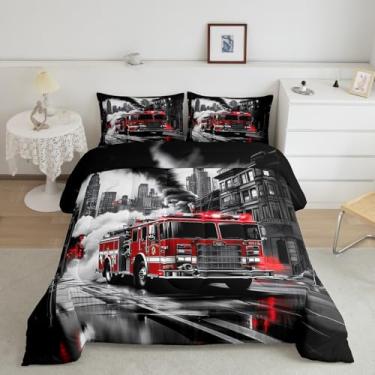 Imagem de Conjunto de edredom King com motor de bombeiro vermelho, preto e branco com vista urbana urbana para decoração de quarto de crianças, meninos e adolescentes, homens, conjunto de edredom de arte