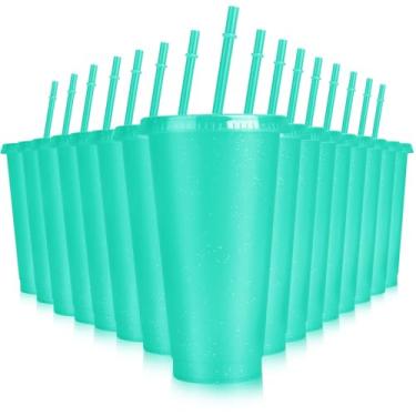 Imagem de Hxezoc 16 Copos Reutilizáveis Com Tampa E Canudo, Copo De Plástico Glitter 24 Oz Para Café Gelado, Viagens, Aniversário, Smoothies, Sucos, Despedida Solteiro Na Praia (Verde Claro)