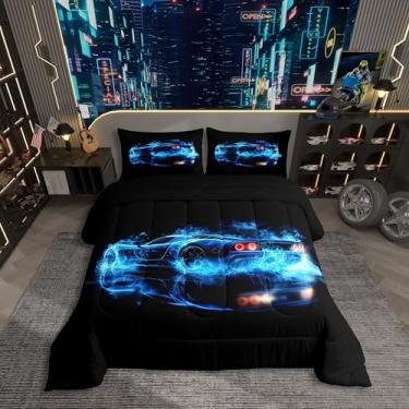 Imagem de Erosebridal Conjunto de edredom solteiro de carro de corrida azul-marinho, azul marinho, carros de corrida de bombeiros para adolescentes e crianças, edredom de carro esportivo de corrida de