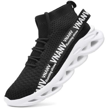 Imagem de VNANV Tênis masculino de caminhada leve e respirável – Meias de malha de malha para academia, casual, corrida, treino, calçados esportivos sem cadarço, Preto, branco, 47