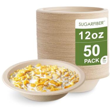 Imagem de [50 unidades] Pacote de colheita sem PFAS Tigelas de papel redondas de 340 g - Tigelas de bagaço descartáveis resistentes e ecológicas compostáveis, fibras vegetais naturais de cana de açúcar para