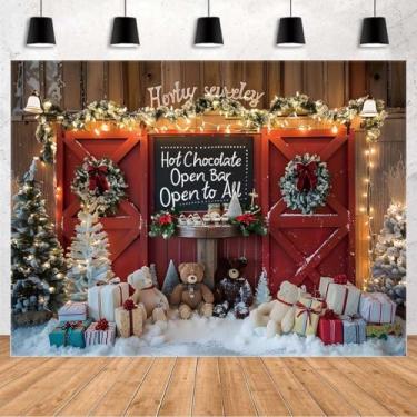 Imagem de Pano de fundo de Natal, porta de celeiro vermelho, brinquedo de pinheiro, presente quente para inverno, barra de chocolate quente, faixa de fundo de festa de Natal, cena de fazenda nevada, boneco de