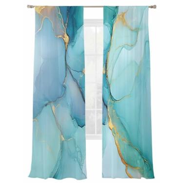 Imagem de Cortinas semitransparentes, 2 painéis, 84 de comprimento, ombré, verde-aqua, azul, mármore, filtro de luz, bolso para varão, cortinas de voile, privacidade, tratamento de janela para sala de estar e