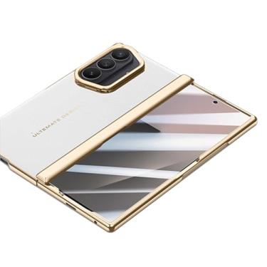 Imagem de POYUFRG Capa de couro para Samsung Galaxy Z Fold 7, capa de proteção de dobradiça de tela de vidro temperado anti-espião com suporte de lente galvanizada, branca, Z Fold 7