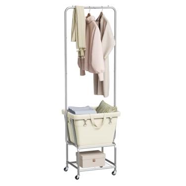 Imagem de ELYKEN Carrinho de lavanderia com suporte para roupas, cesto de roupa suja fácil de rolar com rodas e bolsa de forro removível, cesta de roupas com armação de metal resistente com 4 rodízios e 2