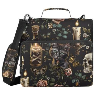 Imagem de Fichário de 3 anéis com zíper com alça de ombro, caveiras pretas, gatos, estilo gótico, pasta de arquivos expansível, armazenamento em vários bolsos