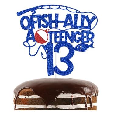 Imagem de Blue Glitter Ofish-ally A Teenager 13 Cake Topper, Oficialmente Adolescente 13/Cheers to 13 Years, Artigos de decoração de festa de aniversário de 13 anos com tema de pescador