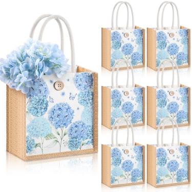 Imagem de Abbylike 6 peças de sacos de presente de juta floral, azul, branca, hortênsia, estopa com alças, botão, pequena bolsa de mão de lona bordada reutilizável para casamento, aniversário, noiva, dama de