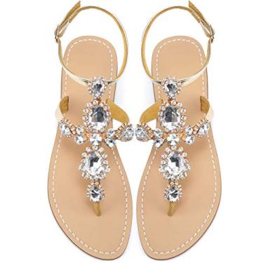 Imagem de ZhuLinFeng sandália feminina gladiadora strass Pingtan sandálias de casamento joia pérola brilhante noiva madrinha sandálias azul boêmio, Gold-1#, 7.5