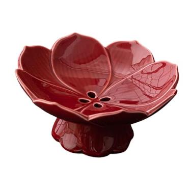 Imagem de IEUDNS Fruteira de cerâmica com pedestal de lótus e recipiente multiuso para drenagem de vegetais, prato de drenagem para restaurante, mesa central de casa, Vermelho