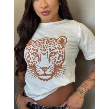 Imagem de T-shirt Camiseta Feminina com Estampa ONÇA - Genérica, Branco, M