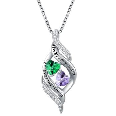 Imagem de Zoeniya Colar Always My Sister Forever My Friend com pingente de pedra do mês de nascimento duplo, joias infinitas, presentes de aniversário de Natal para mulheres, irmã amiga, Base, Zircônia cúbica