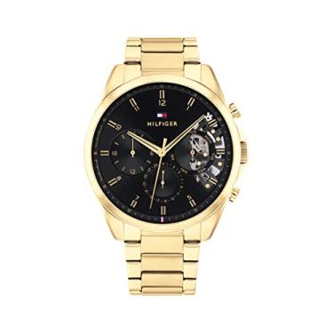 Imagem de Tommy Hilfiger Relógio masculino – quartzo multifuncional, caixa de aço inoxidável de 44 mm, mostrador esqueleto, pulseira de elos – relógio social masculino, Banhado a ouro
