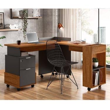 Imagem de Mesa De Computador Em L Office Alessa 1 E 2 Lukaliam Móveis Amêndoa - Chumbo Amêndoa - Chumbo
