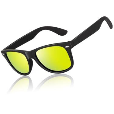 Imagem de LINVO Óculos de sol polarizados masculinos para dirigir, óculos escuros, estilo retrô dos anos 80, design quadrado, Armação preta fosca | Lente espelhada dourada