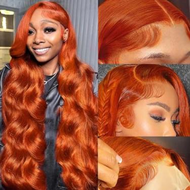 Imagem de Perucas frontais de gengibre de 76 cm, cabelo humano pré-arrancado 33 x 4 ondulado corporal, peruca frontal de cabelo humano, gengibre, peruca de cabelo humano, laranja, para mulheres, linha fina