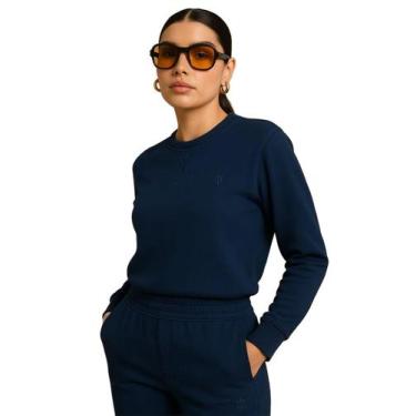 Imagem de Moletom Feminino Clássico Gola Careca Azul Marinho Inverno Blusão Gola