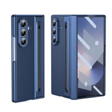 Imagem de Capa protetora para Galaxy Z Fold 6 com revestimento de couro, dobradiça e compartimento para caneta (para Galaxy Z Fold 6/azul)